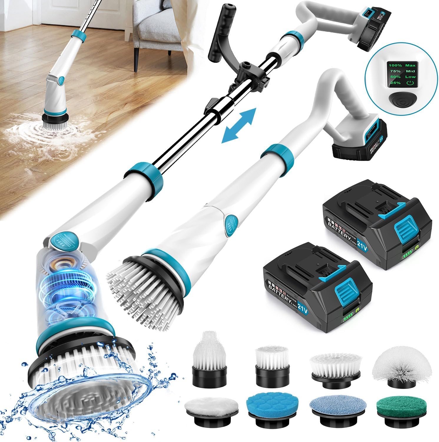 1500RPM Electric Spin Scrubber, 8 Brush Heads Electric Scrubber for Cleaning, Shower Scrubber with Long Handle and Two Battery, High Power Scrubber with Display for Bathroom/Tub/Floor