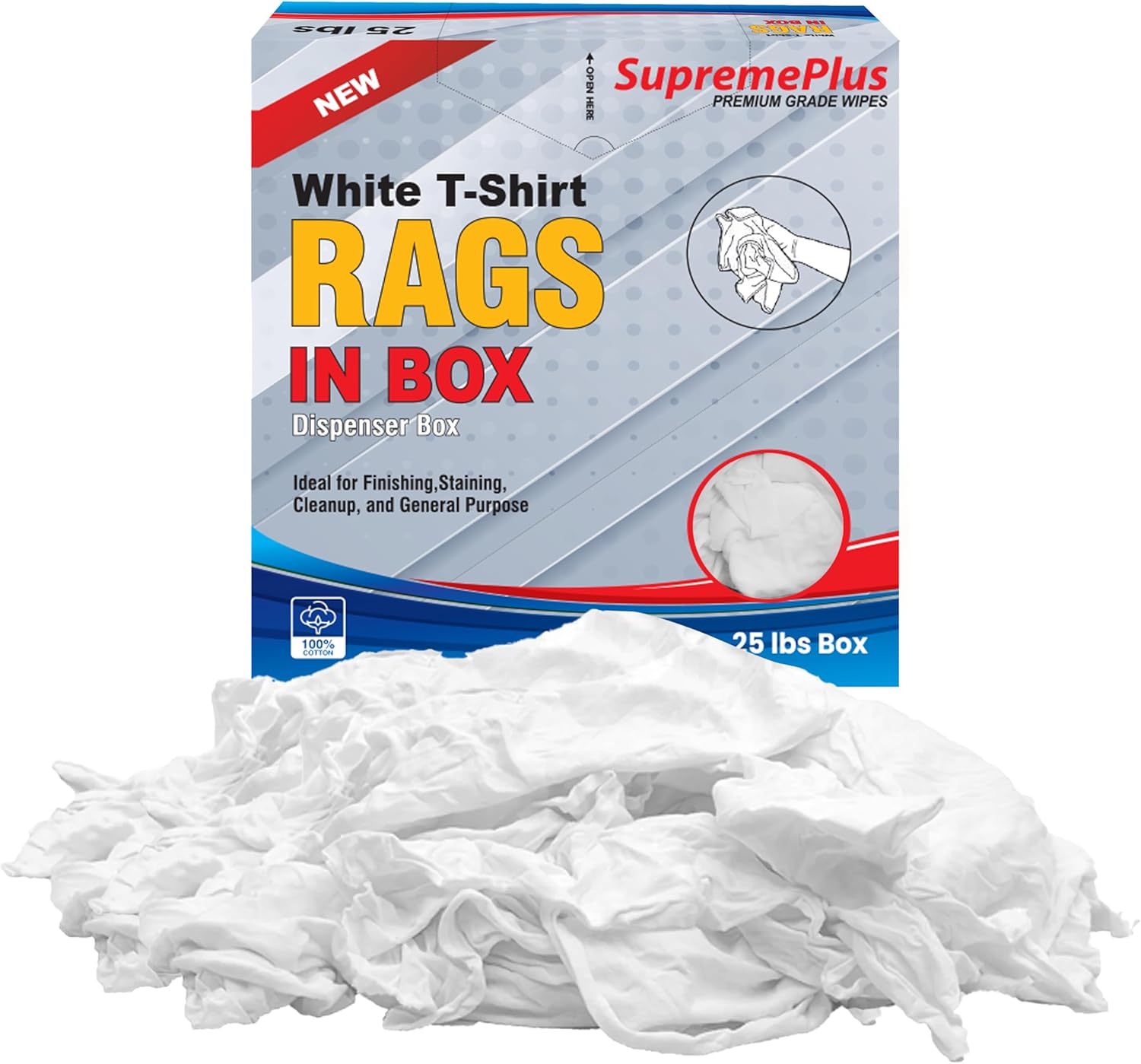 Premium White T-Shirt Cleaning Rags (25 lbs. Compressed Box of Rags) – White Cotton Cloths for Cleaning, Staining, Painting, Oil, Grease & Dust Removal