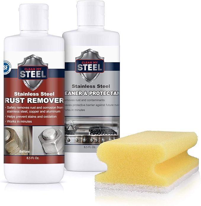 CLEAN MY STEEL Stainless Steel Rust Stain Remover & Cleaner Kit, NSF Safe for Food Areas. Includes Cleaner for Commercial Equipment, Appliances, Gloves & Sponge (8.5 oz)