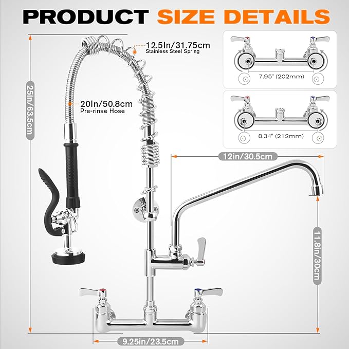 25" Height Commercial Faucet with Sprayer, 8" Adjustable Center & 12" Add-on Swing Spout, Wall Mount Pre-Rinse Commercial Sink Faucet Installation Kit for Commercial Restaurant Kitchen