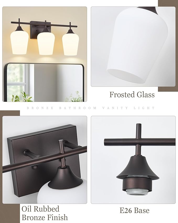 3-Light Bathroom Lighting Fixtures Over Mirror, 21" Oil Rubbed Bronze Vanity Lights Farmhouse Bath Wall Sconce with Milk Glass for Bath, OS-YQ9167-3AW