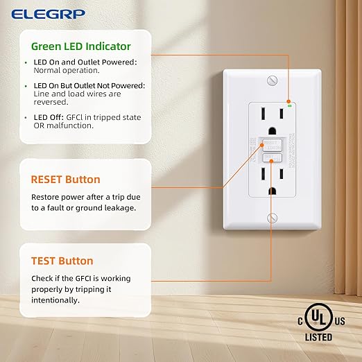 ELEGRP GFCI Outlet 15 Amp, Self-Test GFI Electrical Outlet with Narrow Design, GFCI Receptacle with LED Indicator, UL Listed, White, Wall Plate Included, 5 Pack