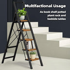 HillhutApex 5 Step Foldable Aluminum Step Ladder with Handgrip, Anti-Slip Pedal, 330 lbs Capacity, Lightweight & Portable for Home, Kitchen, Office, Garage (Black Woodgrain)