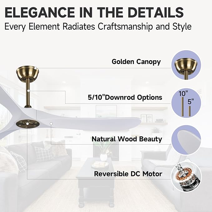60" Gold and White Ceiling Fan with Remote Control, Bedroom Ceiling Fan without Lights for Indoor/Outdoor - Modern Design, Powerful Airflow, Silent Operation