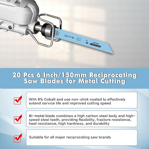 20 Pack 6 Inch 14 Tpi Reciprocating Saw Blades for Sheet Metal, Pipes, PVC Plastic, Profiles Cutting, Bi-Metal Sawzall Blades with 8% Cobalt for Longer Life and Faster Cutting Speed