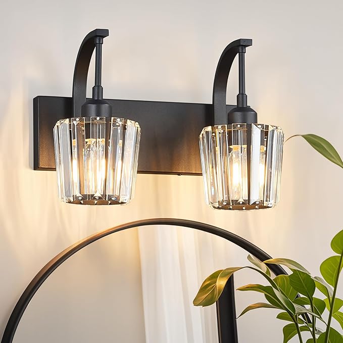 Modern Bathroom Vanity Light, 2-Light Black Wall Sconce with Crystal Accents, Over Mirror Bathroom Lighting Fixture, 13.77" Long Dimmable Vanity Lamp for Makeup, Easy Installation