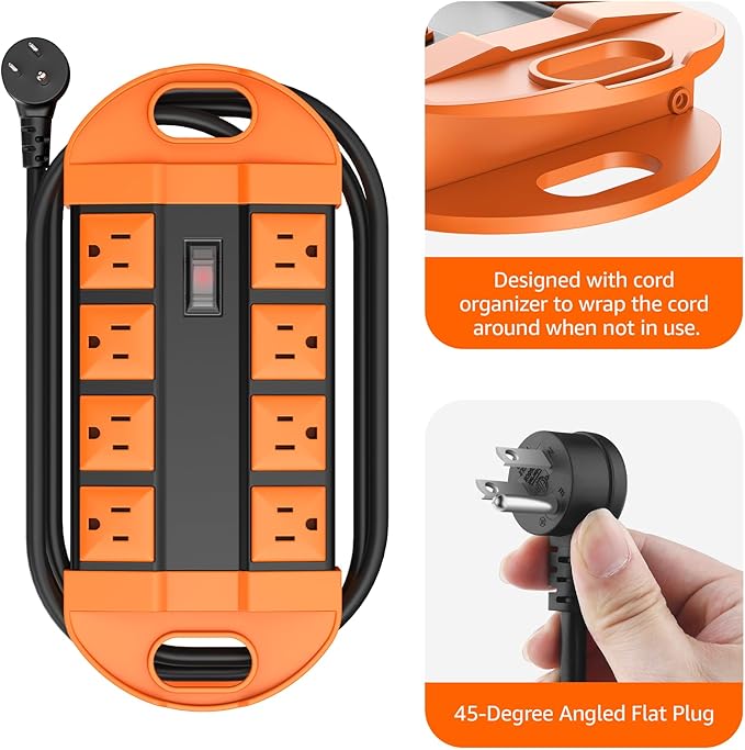 CCCEI Outdoor Power Strip Weatherproof with 8 Plug, Waterproof Extension Cord with Multiple Outlets, Christmas Exterior Garden Yard Surge Protector 6FT, Orange.