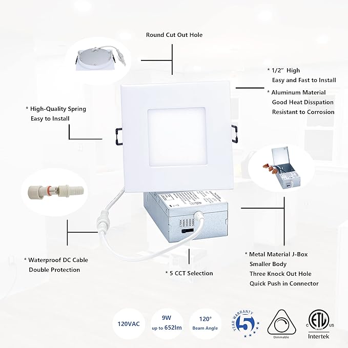 4-inch LED Canless Recessed Slim-Downlight 5 CCT Adjustable Dimmable Recessed Lights Fixture with Junction Box, Ceilling Light with Junction Box, 2700-5000K, 9W, White Square Finish, 6 Pack