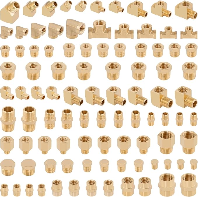 KOOTANS 96PCS Brass Pipe Fittings Assortment Kit - NPT Adapter, Reducer Bushing, Hex Nipple, Coupling, Head Plug, 45 & 90 Degree Barstock Street Elbow, Tee Fittings Kit