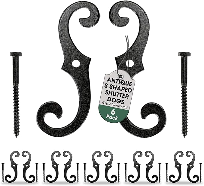 Renovators Supply Cast Aluminum Shutter Fasteners - Decorative S Style Shutter Dogs Hardware - Weatherproof Powder Coated External Shutter Tieback Including Mounting Screws - 6.5 Inches, Pack of 6