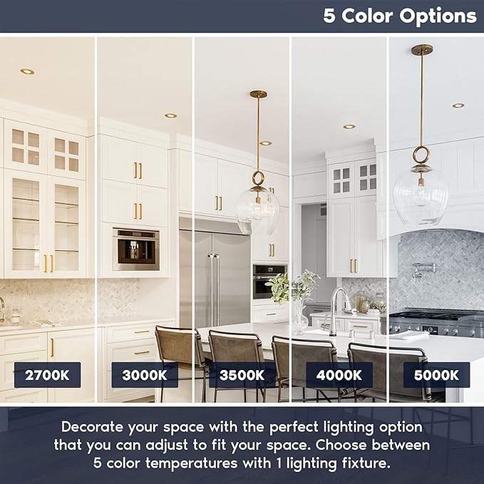 LUXRITE 4 Inch Ultra Thin LED Recessed Light with J-Box, 10W, 5 Color Options 2700K | 3000K | 3500K | 4000K | 5000K, Dimmable Wafer Lights, 750 Lumens, Brass Trim, Energy Star, IC Rated