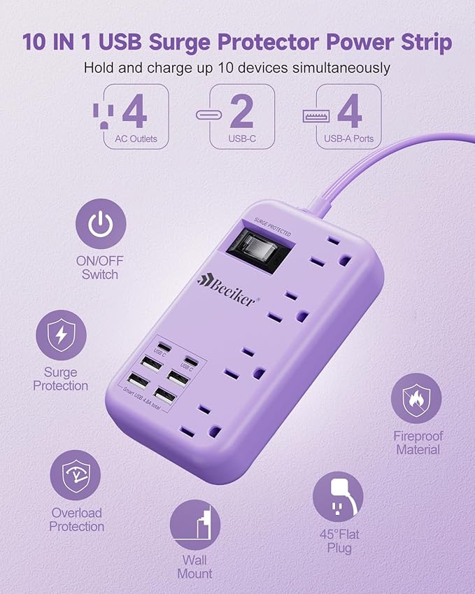 6 USB(2 USB C) Purple Travel Power Strip- 5Ft Lavender Extension Cord with 24W USB Charging Station and 4 Outlets, Purple Desk Accessories with Surge Protector for Cute Kawaii Office Dorm Room