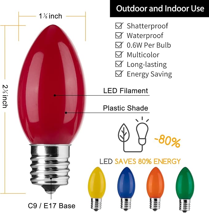 Brightown C9 LED Replacement Christmas Bulbs, 25 Pack Multicolor Shatterproof C9 Bulbs, Waterproof Commercial LED Holiday Bulb for Christmas String Light, E17 Intermediate Base, Dimmable