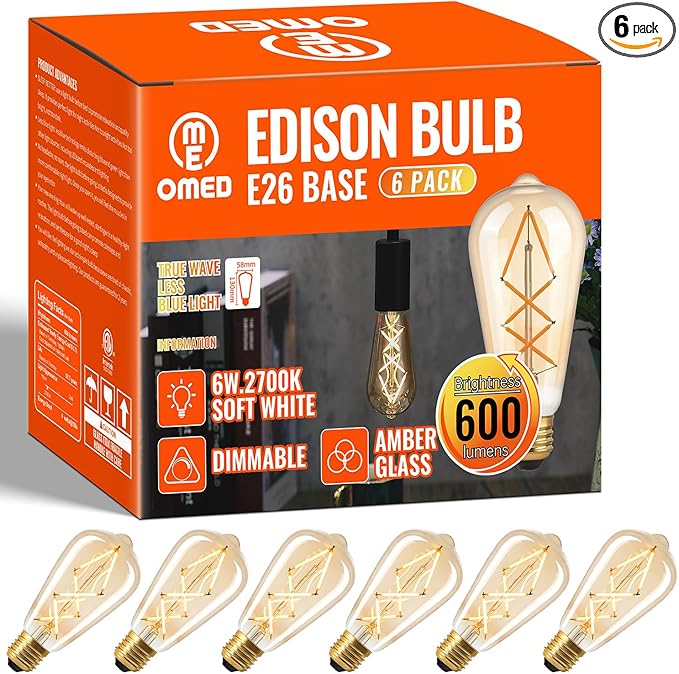 OMED LED Edison Vintage Light Bulb 60 Watt Equivalent E26 Base 2700k Soft White Dimmable ST64 Amber Glass 60w Energy Saving Ideal Dining Rooms Durable Light for a Cozy Atmosphere 6 Pack 6w Led Bulbs