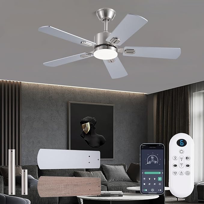42 inch Modern Ceiling Fans with Lights APP/Remote Control, Low Profile Reversible 6 Speeds Dimmable Ceiling Fan Light for Indoor/Outdoor Bedroom Living Room（Nickel）