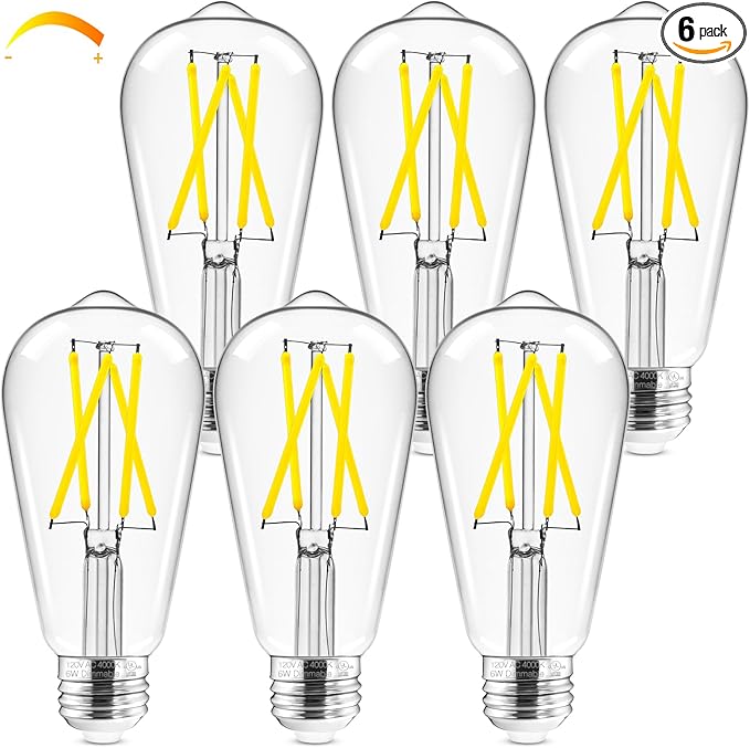 Hizashi E26 LED Bulb 60 Watt Dimmable, 4000K LED Edison Bulbs, ST19 Vintage Light Bulbs Cool White, 95+CRI, UL Listed,700 Lumens 6W E26 Medium Base, Clear Glass, Pack of 6