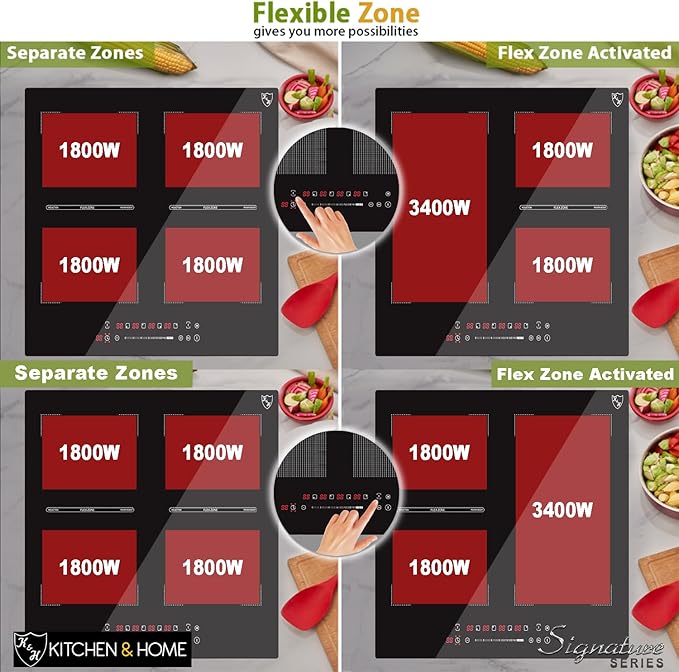 K&H SIGNATURE SERIES 4 Burner 24 Inch Built-in Induction FLEX Electric Stove Top Ceramic Cooktop SLIDER Touch Control 240V 6800W IN24-6004FLX