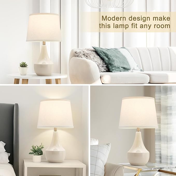 GyroVu Table Lamp Set of 2, 18.63” Ceramic Table Lamp Classic Beside Lamps Nightstand Lamp Modern Lamp for Living Room, Bedroom & Office Rocker Swtich Cream-LED Bulbs Included
