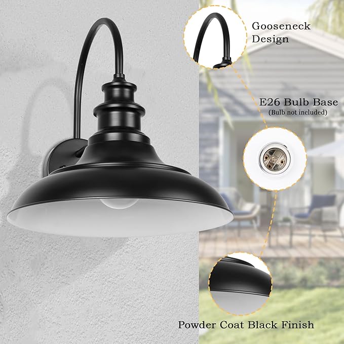 Dusk to Dawn Sensor Outdoor Barn Light Fixtures, 12.3 Inch Dome Farmhouse Outdoor Wall Sconces, Gooseneck Exterior Wall Mount Lights, Industrial Black White Wall Lanterns for Porch, DDRZ004-4 BK+WH