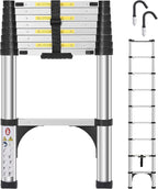 Telescoping Ladders 8.5 FT Aluminum Ladder - One-Button Retraction Collapsible Telescopic Ladder for Home,RV,Attic & Loft, Lasts 330 LBS with 2 Triangle Stabilizers and 2 Detachable Hooks