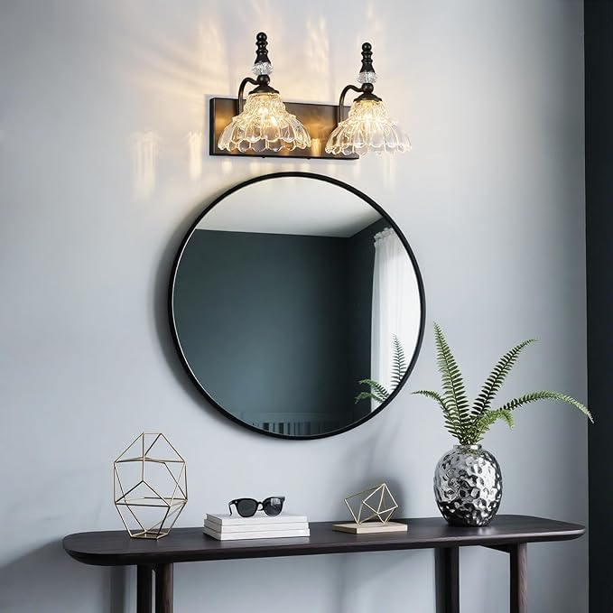 Vintage Bathroom Vanity Light, 2-Light Black Vanity Lighting Fixture with Flower Glass Shade, Bathroom Lighting Fixtures Over Mirror