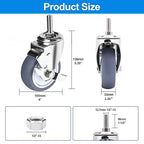 Stainless Steel Caster Wheels 4 inch, 1/2"-13x1-1/2 Threaded Stem Casters Set of 4 with Side Brake, Non-Marking Slient TPR Rubber Wheels for Furnitures,Restaurants,Labs,Hospitals