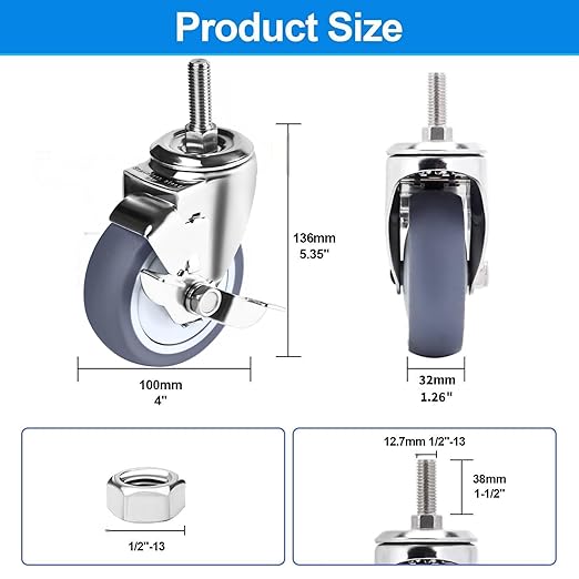 Stainless Steel Caster Wheels 4 inch, 1/2"-13x1-1/2 Threaded Stem Casters Set of 4 with Side Brake, Non-Marking Slient TPR Rubber Wheels for Furnitures,Restaurants,Labs,Hospitals