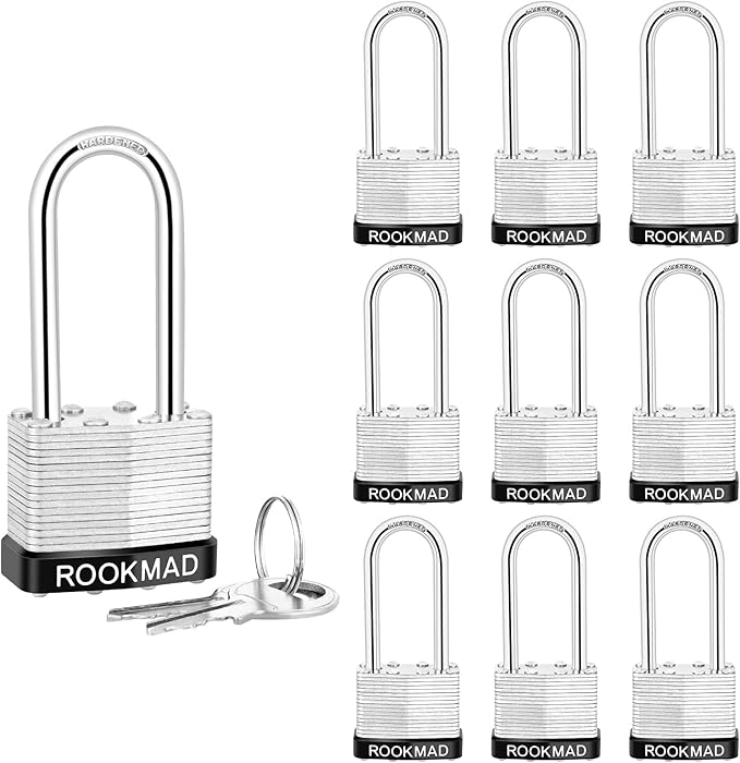 Laminated Steel Padlocks, Keyed Alike, 10 Pack, Silver, Long Shackle, CA65 Compliant