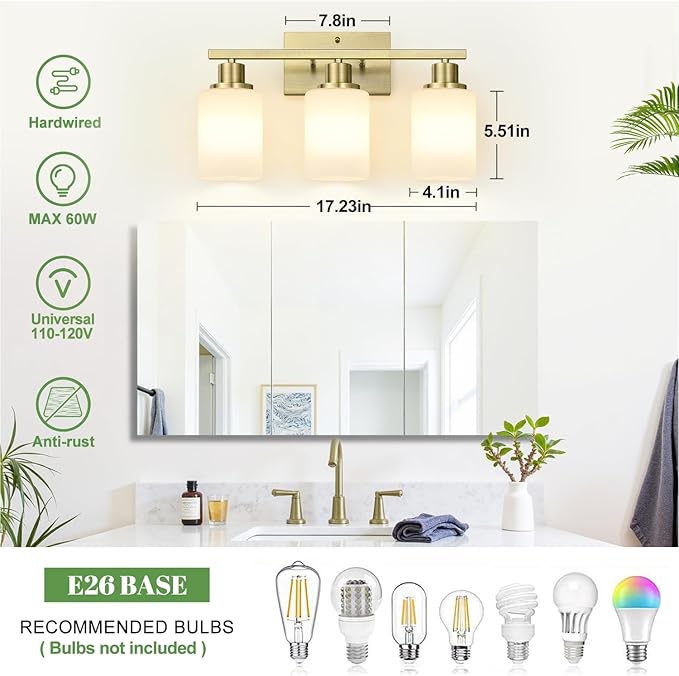 3-Light Bathroom Light Fixtures, Brass Vanity Light with Milky White Shades, Bathroom Lighting Fixtures Over Mirror, Modern Bathroom Wall Lamp for Mirror Living Room Cabinet Bedroom