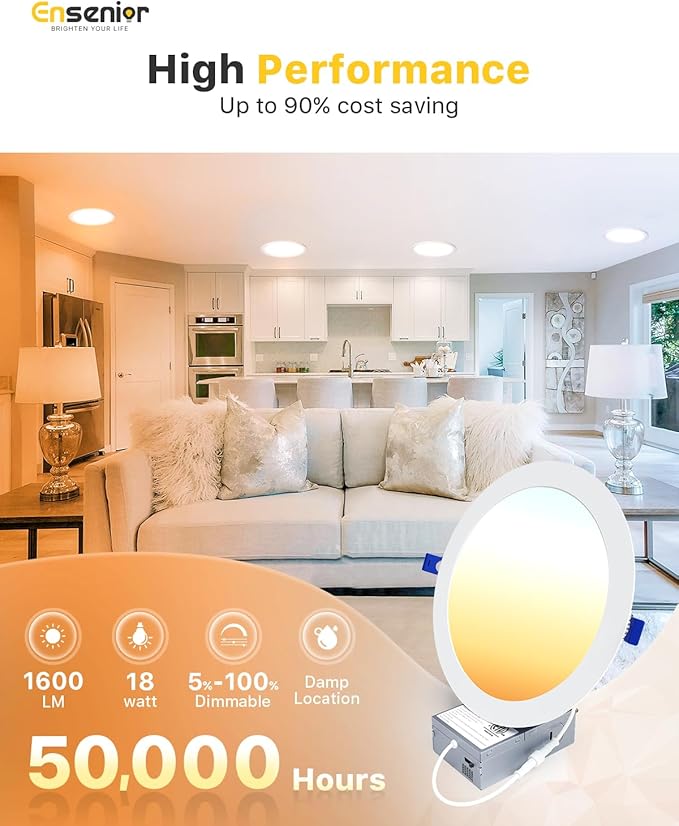 Ensenior 6 Pack 8 Inch LED Recessed Light, Dimmable, 2700K-5000K 5CCT, 1600LM High Brightness, 18W 120V, Damp Rated, Ultra-Thin Canless Wafer Light - ETL & FCC & IC