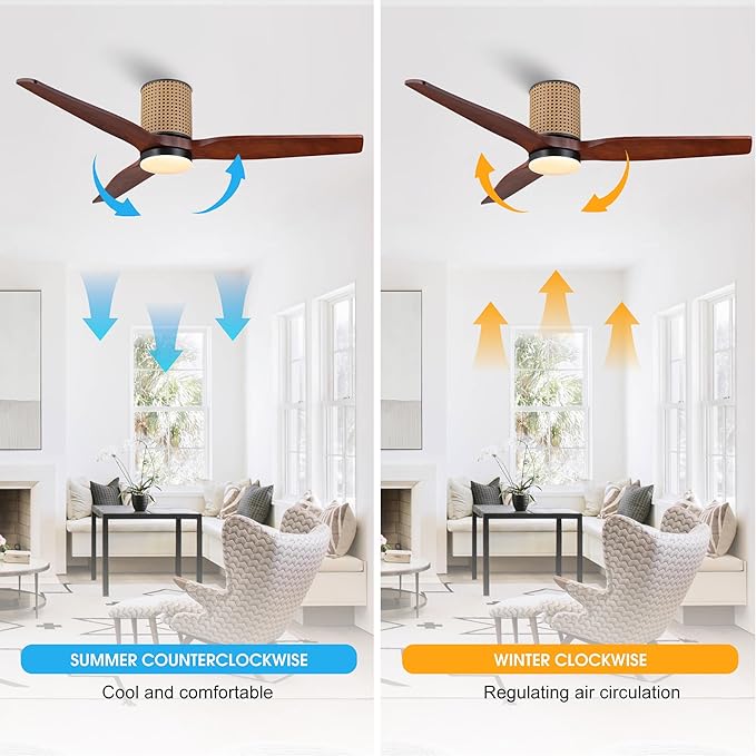 52" Ceiling Fan with Light - Low Profile Flush Mount Ceiling Fan, 6-Speed Remote Control, Solid Wood, Quiet Reversible DC Motor,Walnut/Black Finish, for Bedroom, Living Room, Porch