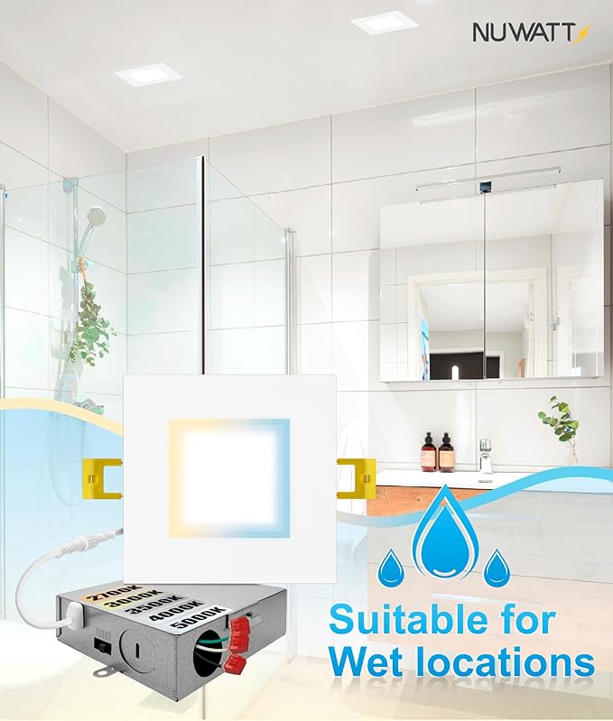 NUWATT 12 Pack 4 Inch LED Square Recessed Lighting, 5CCT Selectable 2700K/3000K/3500K/4000K/5000K, 630 Lumens Dimmable, IC Rated, 4in Square Wafer Lights, Canless LED Downlight, Diecast Aluminum J-Box