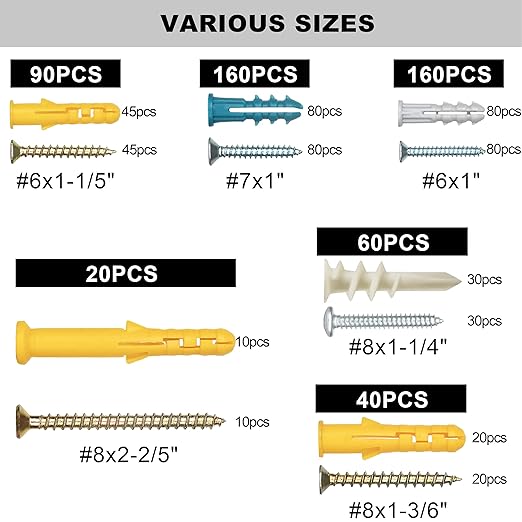 KURUI 510Pcs Wall Hanging Kit with Anchors and Screws, Picture Hanging Kit for Wall Decor Art, Frame, Canvas, Dry Wall Anchors Assortment Kit for Sheetrock Concrete Brick, 6 Sizes Picture Hangers