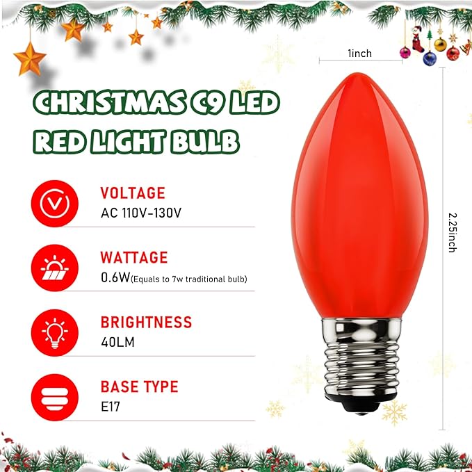 25 Pack C9 Red LED Light Bulb,Vintage Plastic Red C9 Replacement Bulbs Shatterproof C9/E17 Intermediate Base 0.6 Watt Great for Outside Indoor Christmas Valentine Outdoor String Lights