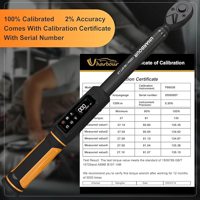 Digital Torque Wrench 3/8 Drive, 1.5-99.5 ft-lbs./6.8-135Nm Range, Electric Torque Wrench with Dual Direction Ratchet, ±1% Accuracy with Vibration, Buzzer and LED Alert
