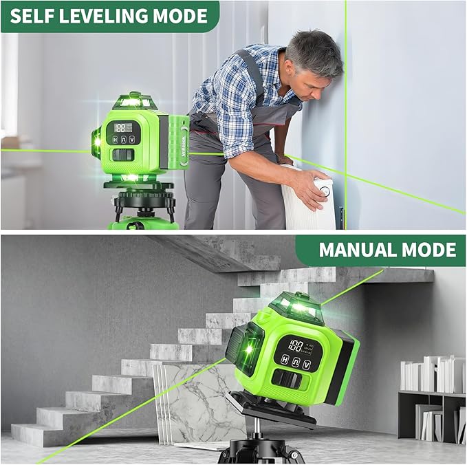 16 Line Laser Level 360 Self Leveling, 4x360°Professional 4D Green Cross Line laser Level with 2 Batteries,for Construction and Picture Hanging, Horizontal Line leveler Tool (Green)