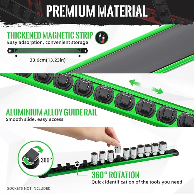 Magnetic Socket Organizer, 1-Piece Heavty Duty Aluminum Socket Holder, Socket Rail for Tool Box, Premium Quality 360° Swivel Socket Rack with 14 Clips for 3/8-Inch(Green)