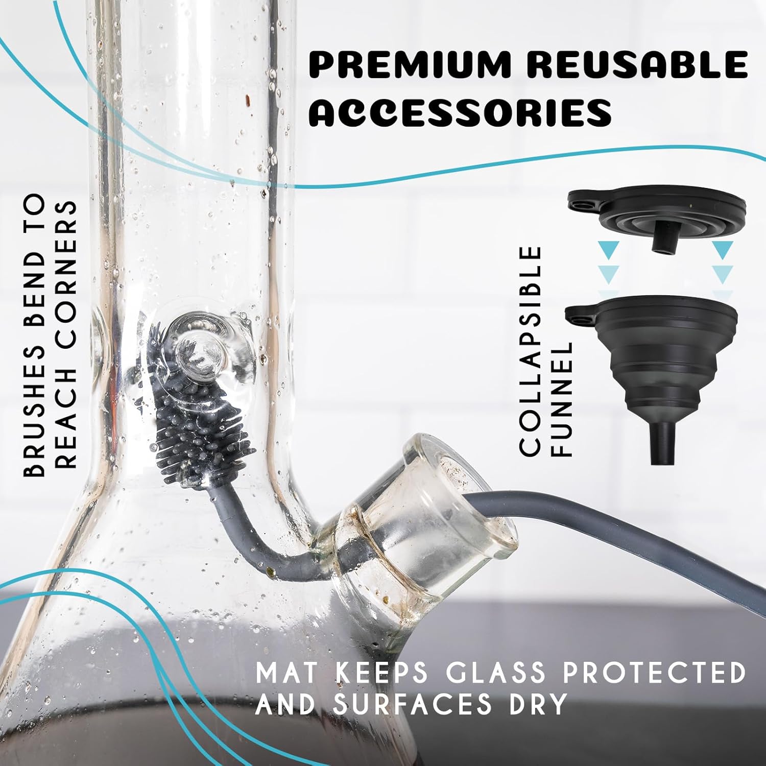Glass Cleaning Kit - Reusable Silicone Accessories - Complete Kit to Clean your Piece, Just Add Cleaner - Reusable Soaker Bag, Brushes, Mat, Caps & Plugs, Funnel, & Microfiber Towel