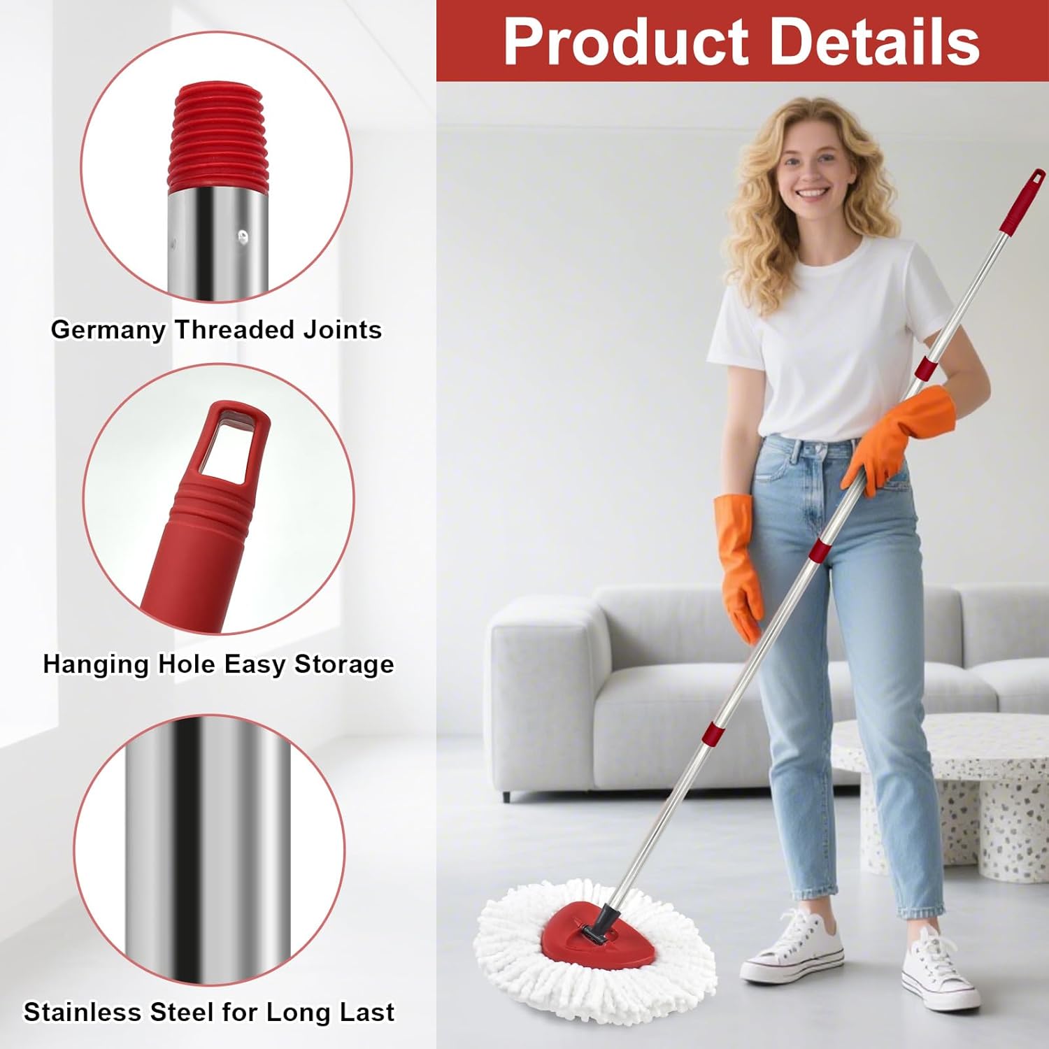 4 Section Stainless Spin Mop Replacement Handle for O Cedar Spin Mop Handle for Ocedar Spin Mop Handles Adjustable 30" to 58" Mop Stick Pole to Various Floor Clean, Universal Screw Joint (No Mop Head)