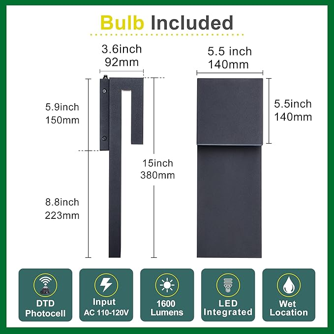 Dusk to Dawn Outdoor Wall Lights 2 Packs,Modern Minimalist Outdoor Fixture Wall Mount,Anti-Rust Sturdy & Sleek Outside Lights for House Porch Garage Patio,3000K 17W Integrated LED