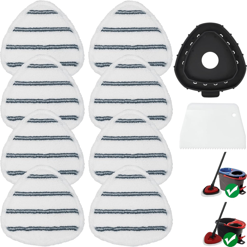 Triangule Flat Mop Replacement Pads, Spin Mop Pad Replacement, 8 Pack Mop Refill Pads, 1 Mop Base and 1 Scraper for Cleaning Floor, Wall, Ceiling, Easy to Replace