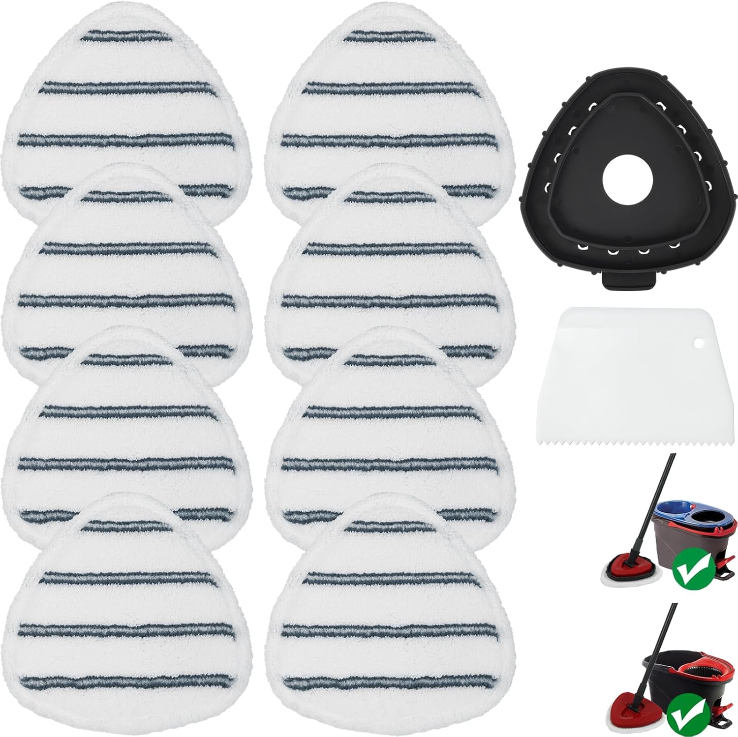Triangule Flat Mop Replacement Pads, Spin Mop Pad Replacement, 8 Pack Mop Refill Pads, 1 Mop Base and 1 Scraper for Cleaning Floor, Wall, Ceiling, Easy to Replace