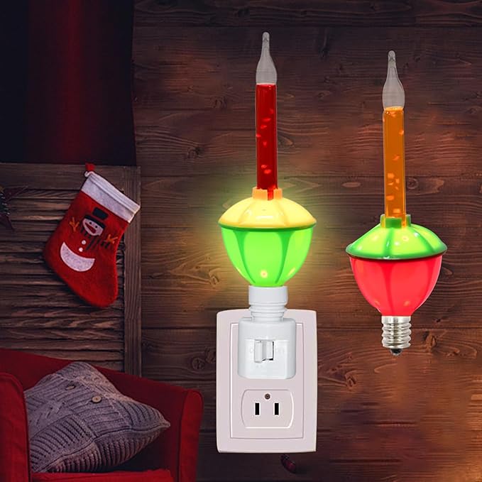 Christmas Bubble Night Lights Plug into Wall, 1 Multicolor Bubble Christmas Night Light + 1 Replacement Bubble Light Bulb, 5w Incandescent Bulb 120v Fits C7/ E12 Candelabra Base Swivel Plug-in Base