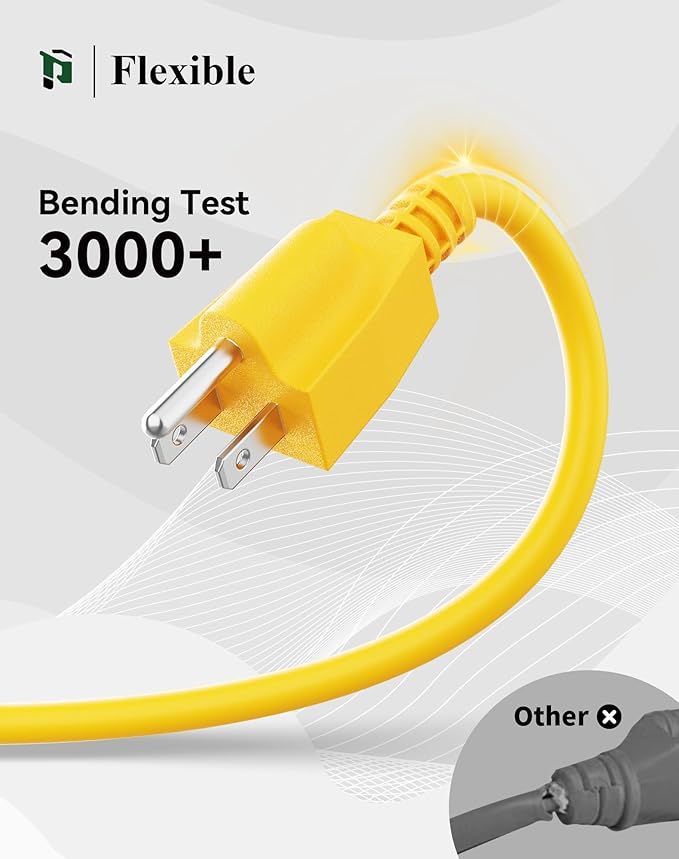 PLUGTUL 25FT Outdoor Extension Cord with Multiple Outlets, 14 Gauge, 3-Outlet, SJTW, 15A 14AWG 1875W SJTW, ETL Listed - Great for Garage, Garden and Home, Yellow