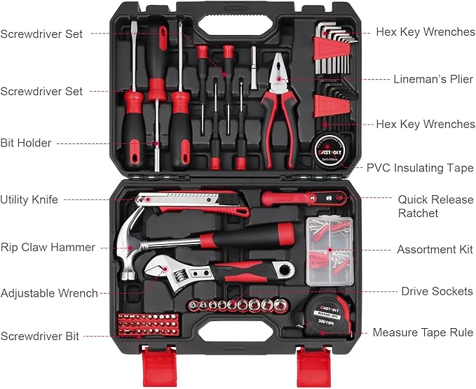 Eastvolt 128-Piece Home Repair Tool Set, Tool Sets for Homeowners, General Household Hand Tool Set with Storage Toolbox, EVHT12801, Black + Red (ASK01)