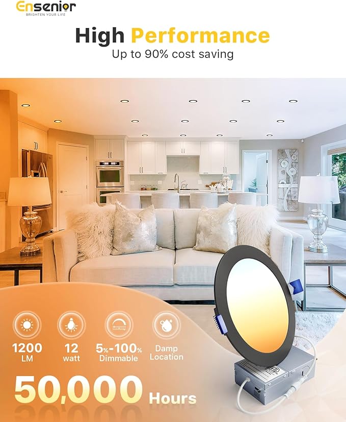 Ensenior 24 Pack 6 Inch LED Recessed Ceiling Light, Dimmable, 2700K-5000K 5CCT, 1200LM 12W 120V, High Brightness Dimmable Canless Wafer Downlight - ETL&FCC&IC