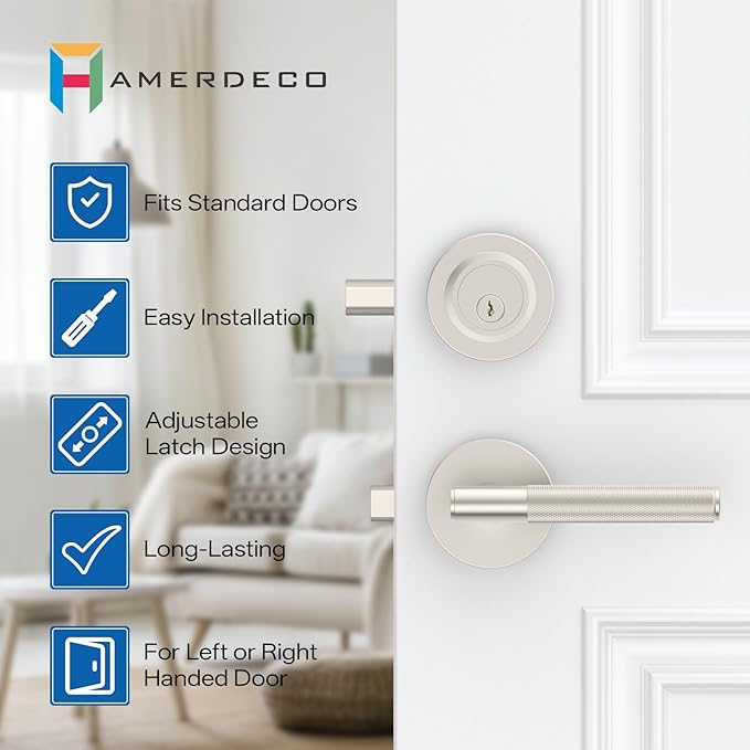 Amerdeco Front Door Lock Set with Double Cylinder Deadbolt, Exterior Entry Door Lever, Heavy Duty Entry Door Locksets for Left or Right Hand Exterior Door（Satin Nickel 2 Pack）