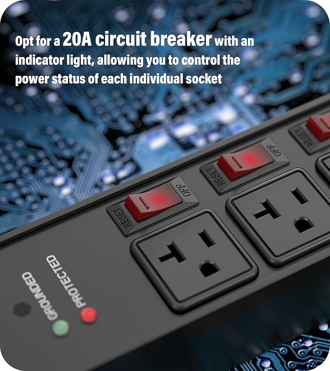 CCCEI Heavy Duty Surge Protector Power Strip 20 Amp Individual Switches. 20FT 12 Gauge Extension Cord with Multiple Outlets. Kitchen, Garage, Shop, Industrial Wall Mount Electric Extender, Black.