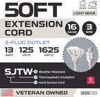 Iron Forge Cable Weatherproof 50 Ft Outdoor Extension Cord with 3 Outlets - 16/3 SJTW Heavy Duty Beige Extension Cord 3 Prong - 13 Amp Power Cable