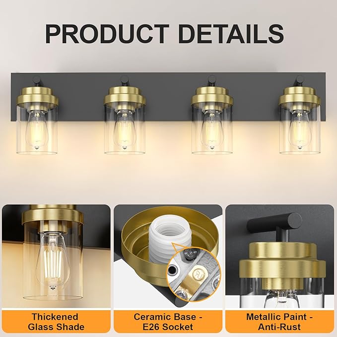 IZORRO Bathroom Vanity Light Fixture, 4-Light 27.5 Inch Black and Gold Bathroom Light Fixtures Over Mirror, with Clear Glass Shade, Modern Farmhouse Vanity Lights, Rustic Restroom Lighting Fixtures